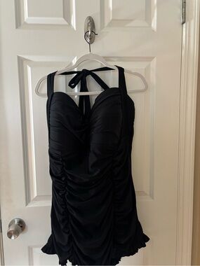 NWT 3X Unique Vintage Black Ruched Halter Swim Dress